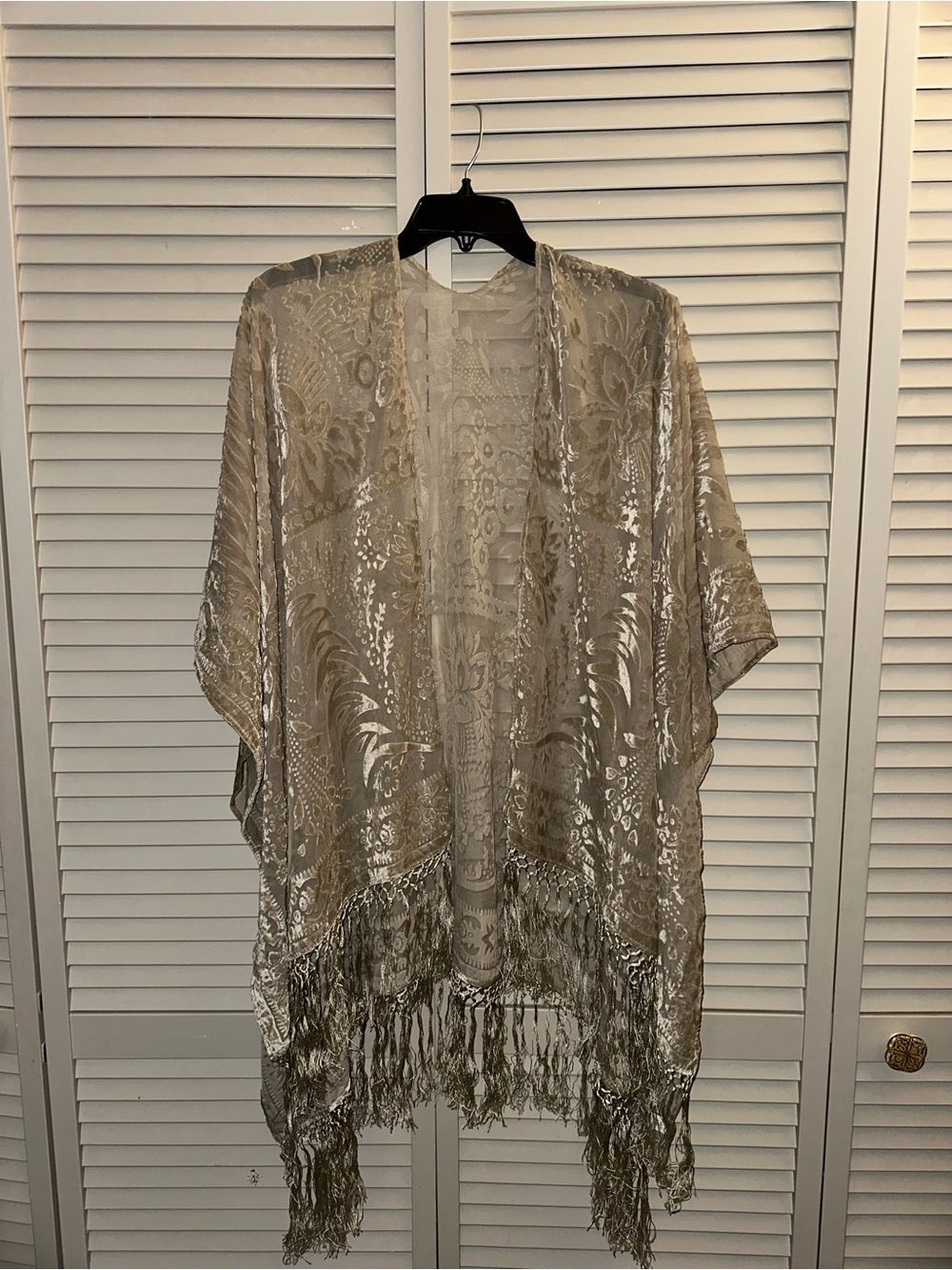 Cream Fringe Crushed Velvet Burnout Kimono Shawl from Anthropologie